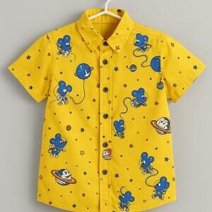 ☀️ Boys’ Space Mouse Astronaut Button-Up Shirt Yellow 88 Brand Size 4 BIN B